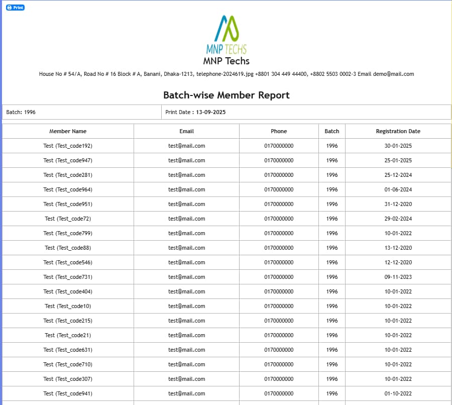 Batch Wise Membership Report - Club Membership Management Software - MNP Techs